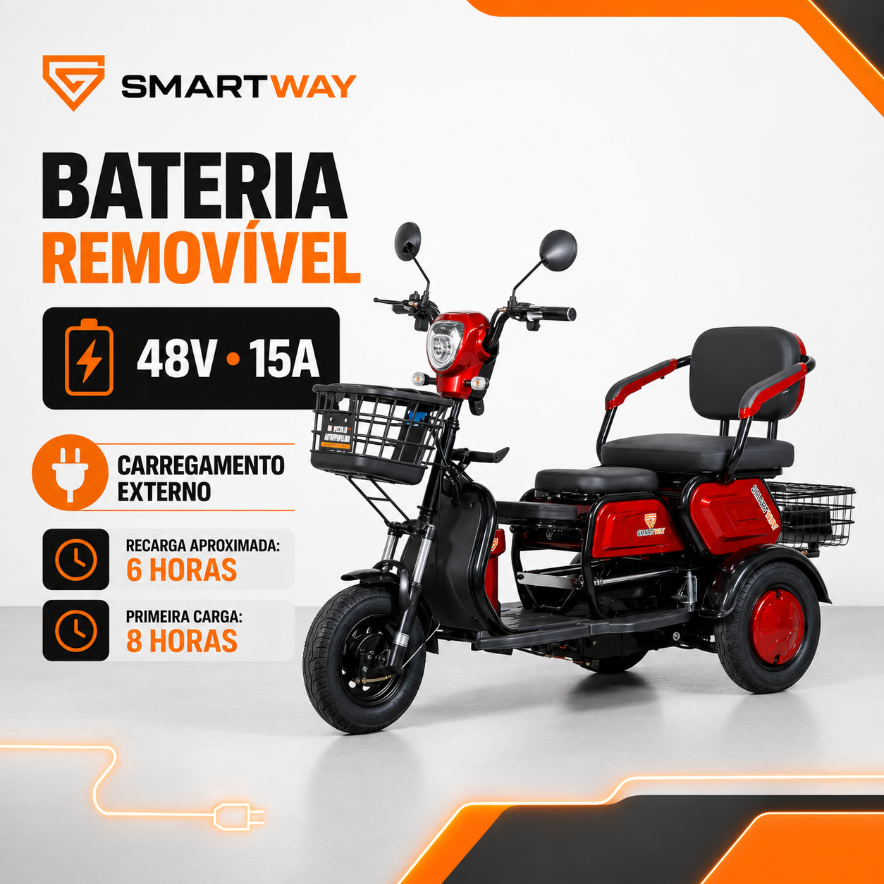 Triciclo Elétrico Power 600w Lítio Removível Sem CNH Scooter
